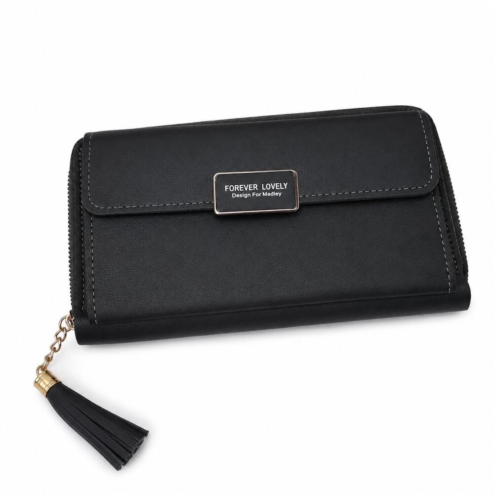 NEW Forever Lovely Black Wallet Crossbody Clutch Tassel Zip Around Phone Purse